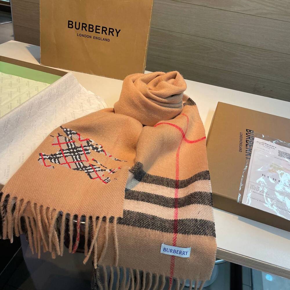 Burberry Camel Check Cashmere Scarf With Equestrian Motif
